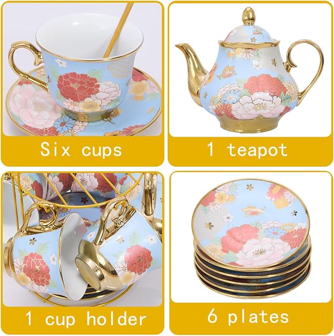 CHANJOON Gold Plated Red Rose Ceramic Tea Set, Vintage Tea Sets with Teapot, Beautiful Tea Set Coffee Serving 6 People (Green, X Large)