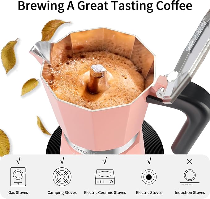 Mongdio Stovetop Espresso Maker Moka Pot, Stove Top Cuban Coffee Maker, Italian Greca Mocha Pot, 9 Espresso Cups, 15 oz - Pink