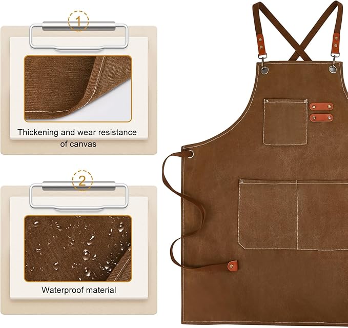 APRONPANDA Cross-Back Chef Aprons for Men Women with Pockets,Cotton Canvas Adjustable Cooking Work Apron for Kitchen
