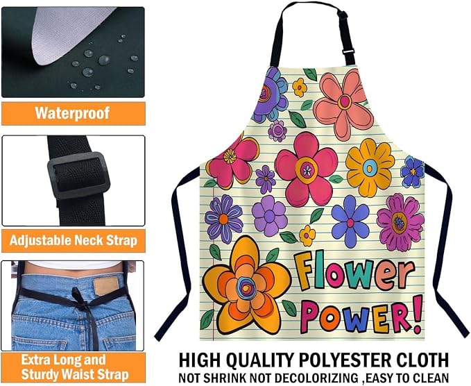 Flower Power Apron for Women Men, Adjustable Apron Cooking Kitchen Chef Apron for Home Kitchen, Baking Gardening BBQ, Coffee House, Restaurant - Image 3