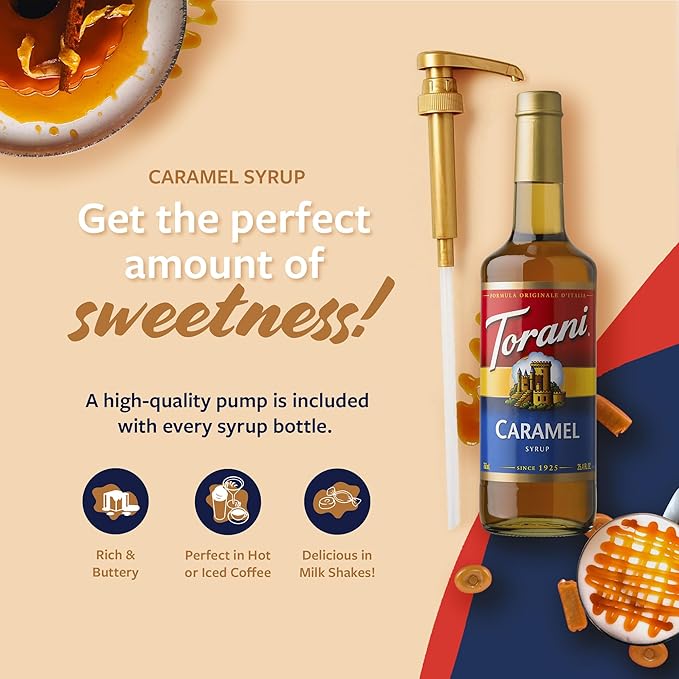 Torani Caramel Coffee Syrup for Drinks & Desserts, Glass Bottle 4-Pack, Pumps Included, 25.4 Fl Oz Ea
