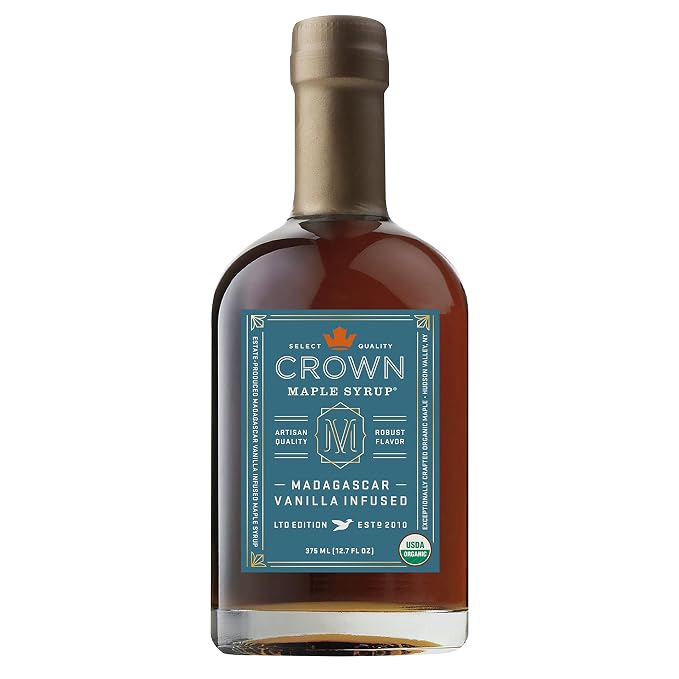 Crown Maple Certified Organic Madagascar Vanilla Infused Maple Syrup, Pure, Gluten Free, No Preservatives, Non-GMO Pairs well with Pancakes, Coffee, Cocktails & Brunch, 12.7 Fl Oz (Pack of 1) by CrownMaple