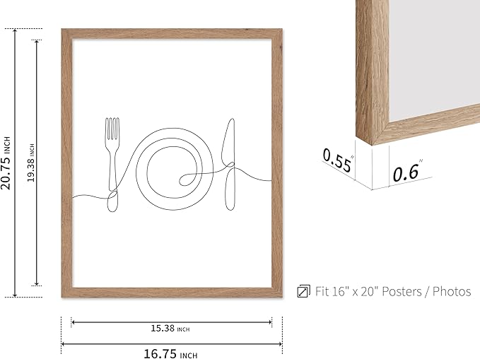 Poster Master Vintage Minimalist Poster - Retro Illustration Print - Fork, Plate, Knife, Line Drawing, Simple - Gift for Artist, Friend - Wall Decor for Kitchen, Restaurant, 16x20 Beige Framed