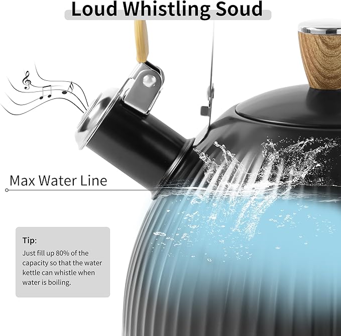 LONFFERY Tea Kettle for Stove Top, 2.5 Quart Whistling Tea Kettle, Stainless Steel and Wood Pattern Folding Handle, Black