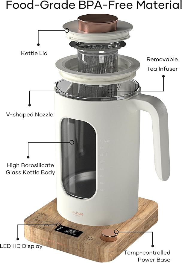 Electric Tea Kettle, Electric Kettle with Tea Infuser, ±1℉ Knob Temperature Control, BPA-Free Glass, 1200W Fast Heating, Easy to Clean, 1 Liter (Cream White)