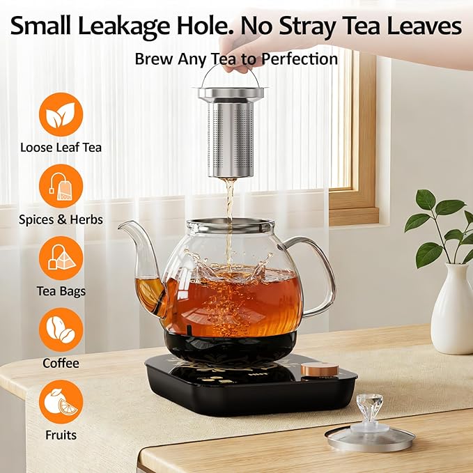 Electric Tea Maker with Infuser, ±1℉ Precise Temperature Control, Glass Electric Kettle for Herbal,Flowers,Fruit Tea and Loose Leaf,BPA-Free,Auto Shut-Off,Brewing Program,Keep Warm,0.8L/27oz Black