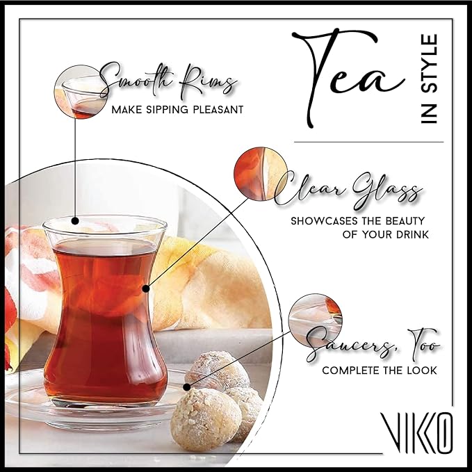 Vikko Turkish Tea Glasses and Saucers, 4 Oz Turkish Tea Cups, 6-Piece Set