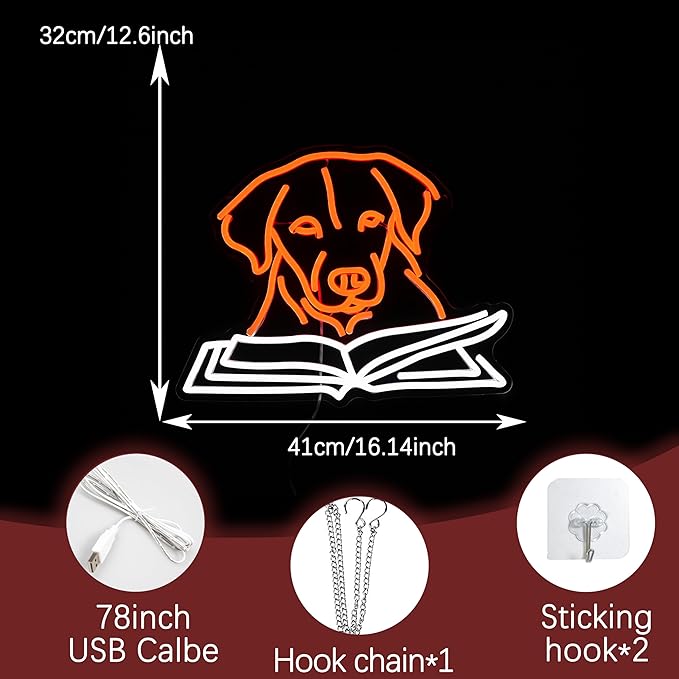 Golden Retriever Reading Book Neon Sign for Wall Decor Usb Powered Labrador Dog Light Up Sign Unique Dimmable Read Books Led Sign for Bookstore Study Room Cafe Pet Shop (16.14 * 12.6 in)
