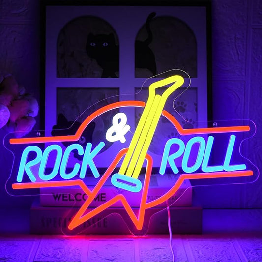 Rock Roll Neon Sign Guitar Neon Sign Led Neon Light for Wall Decor USB Powered Dimmable Music Neon Light for Bar Bedroom Music Studio Vocal Recital Concert Man Cave
