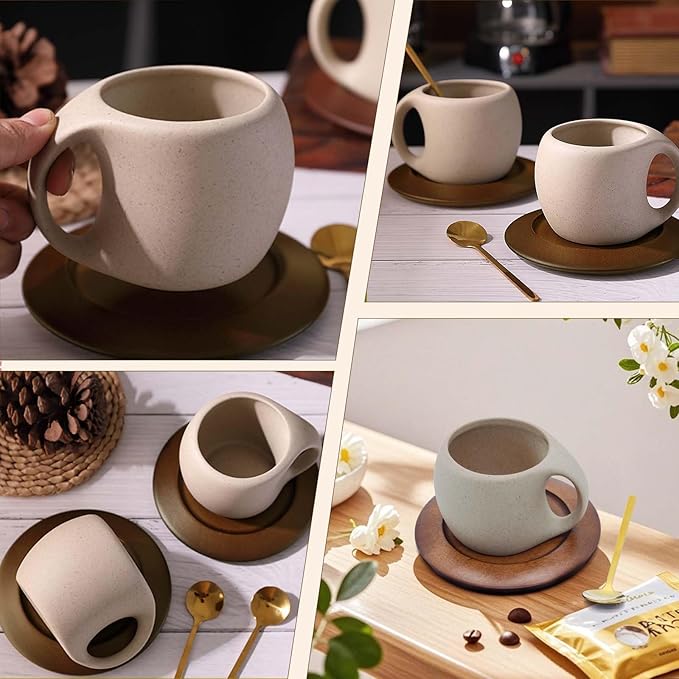 Ceramic Coffee Mug Set with Natural Wood Saucer & Spoon - 8.5 Oz Elegant Tea Cups for Latte, Hot Tea, Cappuccino, Milk - Microwave & Dishwasher Safe Cups for Men Women Birthday Christmas Gifts