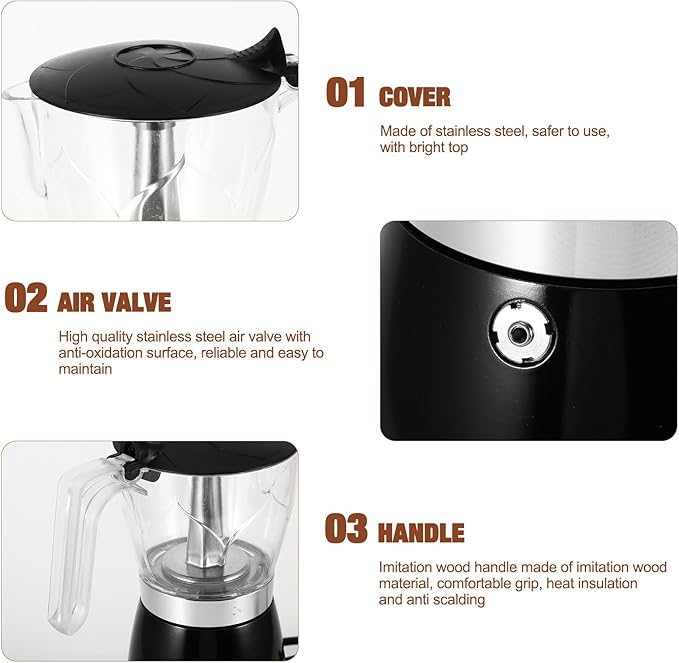 Coffee Maker Electric Moka Pot, Espresso Coffee Italian Aluminum Espresso Machine Cafetera Pot 300ml, Portable Machine Moka Maker with Detachable Base Overheat Protection for Home Travel, Black