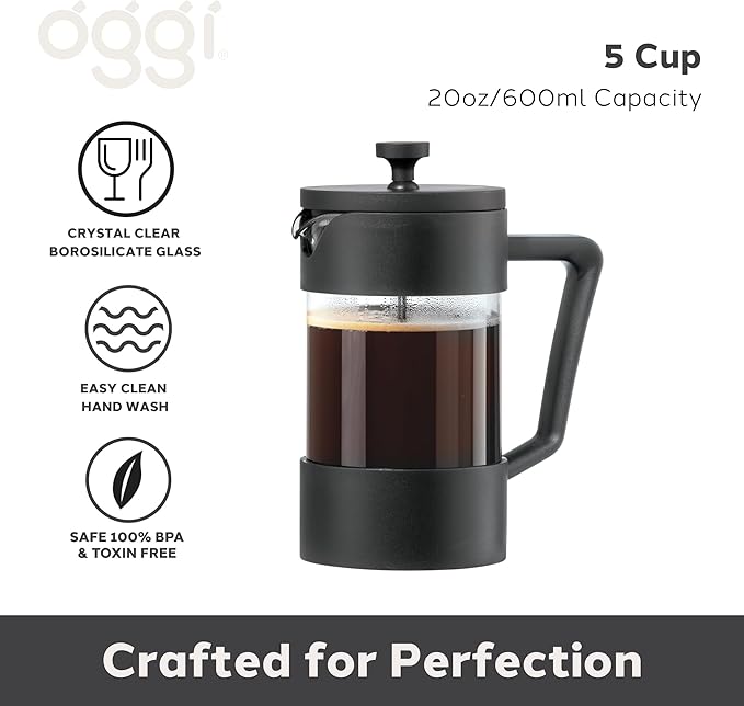 Oggi Borosilicate Glass French Press Coffee Maker (20oz)- 5 Cup Capacity, Coffee Press, Single Serve Coffee Maker, Stainless Steel Lid & Plunger, Make Great Coffee Gifts