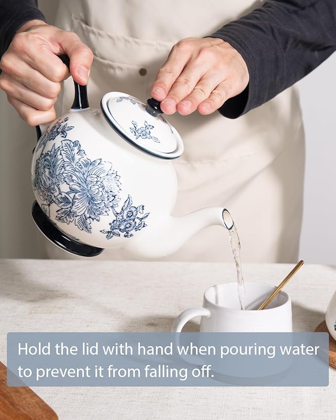 45 Ounce Tea Pot with Infuser, Ceramic Blue and White Teapot, Flowers and Branches