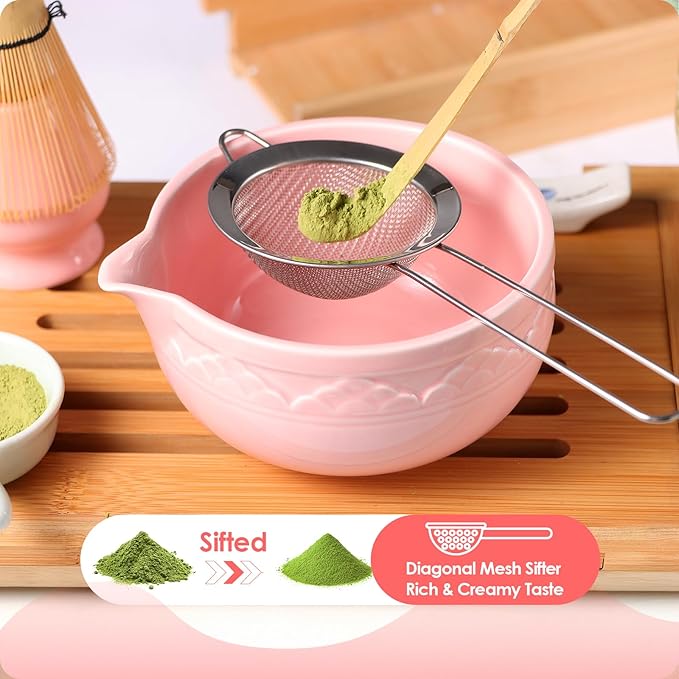 Matcha Whisk Set, ZBUFAN 7 Pcs Pink Matcha Kit with Bamboo Whisk(Chasen) and Holder, Ceramic Matcha Bowl with Spout, Japanese Tea Set with Matcha Sifter and Scoop