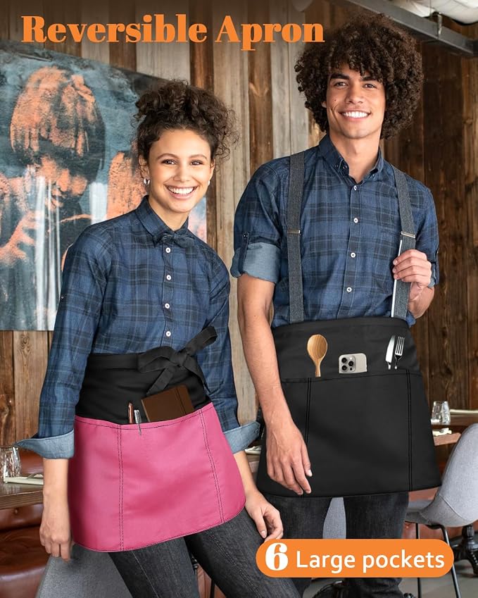 Slohif Reversible Server Apron 6 Pockets - Waist Apron for Waitress Women Half Serving Short Apron for Waiter - Image 3