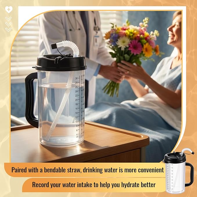 4 Pcs 32 oz Hospital Water Cup with Straw and Lid Insulated Double Walled Water Cup with Handle and Straw Elderly Bottle Plastic Drinking Carafe Insulated Mug (Black)