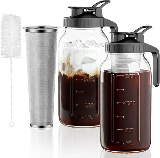 2-Pack Cold Brew Coffee Maker - 64oz Mason Jar Pitcher with Stainless Steel Filter, Spout Lid for Iced Coffee, Tea, Lemonade & Fruit Drinks