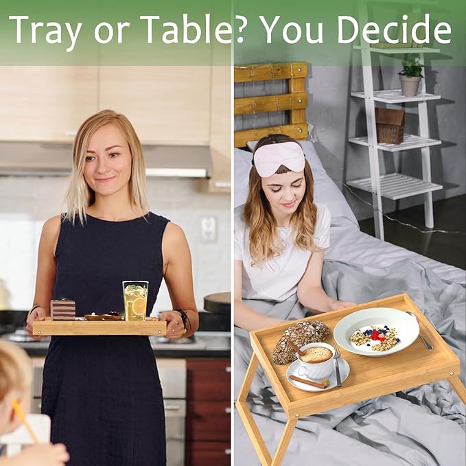 Bamboo Bed Tray Table with Foldable Legs, Breakfast in Bed Tray for Eating, Kitchen Serving Trays, Folding Table for Sofa, Beds, Eating, Working, Used As Laptop Desk Snack Trays, Bamboo