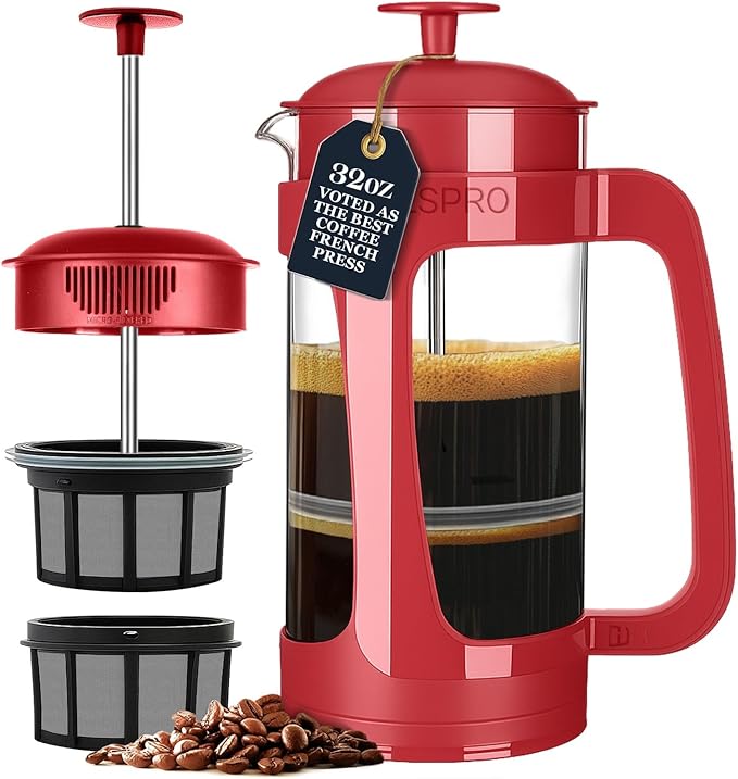 ESPRO P3 French Press Coffee Maker – Patented Double Micro-Filter for Grit-Free Brew, Heat Resistant thicker Borosilicate Glass Coffee press – Red (32oz)