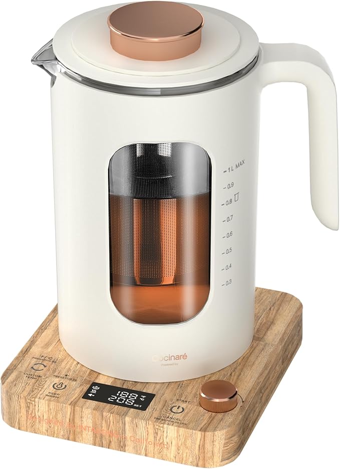 Electric Tea Kettle, Electric Kettle with Tea Infuser, ±1℉ Knob Temperature Control, BPA-Free Glass, 1200W Fast Heating, Easy to Clean, 1 Liter (Cream White)