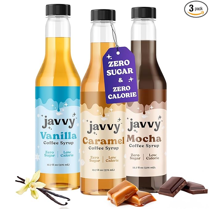 Coffee Syrup - Zero Sugar, Zero Calorie, Flavoring Syrup for Coffees, Coffee Bar Accessories - Great for Flavoring All Types of Drinks – 3 Pack by JavvyCoffee