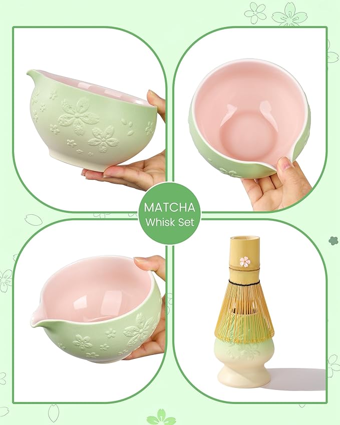 Matcha Whisk Set, 6pcs Matcha Set Includes Matcha Bowl, Bamboo Whisk & Scoop with Cute Charm, Chasen Holder, Innovative Sifter, Tea Mat for Japanese Tea Ceremony, Pale Green