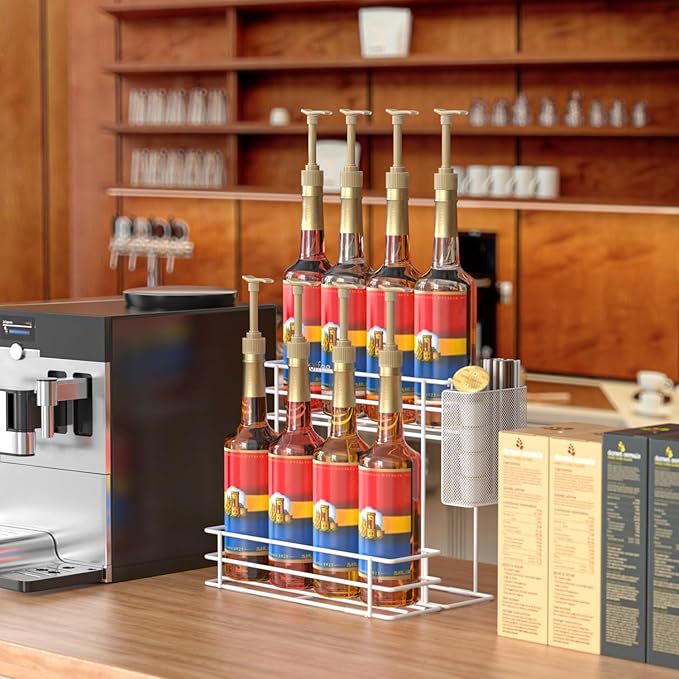 OVICAR Coffee Syrup Organizer Rack - 8 Bottle Holder Stand for Coffee Bar & Station Accessories, 2 Tiers Countertop Storage for Syrup & Wine Dressing, White
