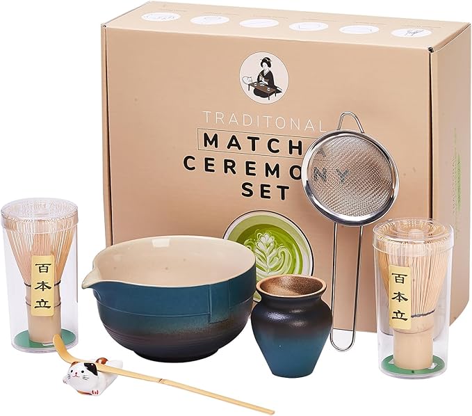 Matcha Whisk Set, Matcha Set Includes 2X Matcha Whisk, Matcha Bowl and Chasen Holder, Bamboo Scoop, Scoop Rest, Sifter - 7 Pcs Matcha Kit for Tea Ceremony, Gift for Matcha Lover (Blue to Black)