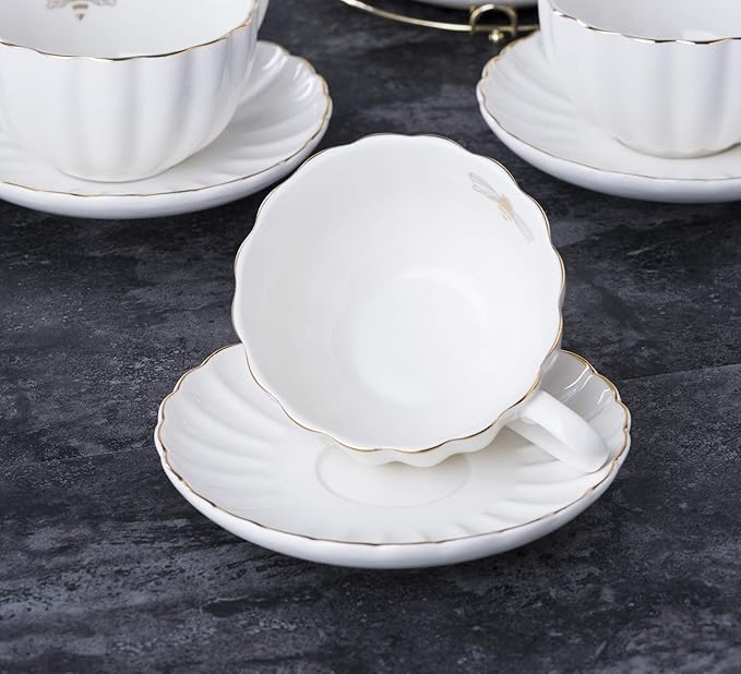 Jusalpha Porcelain Tea Set- 8 OZ White Coffee Cup/Teacup, Saucer, Spoons, Teapot and Creamer set, 17-Pieces (FD-TW17PC SET, White)