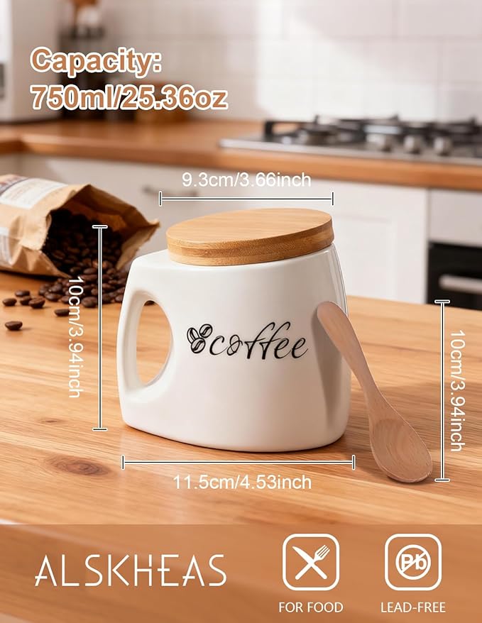Ceramics Coffee Canisters with Airtight Lids, Coffee Bean Storage for Kitchen Countertop with Comfort Grip, White Coffee Container for Ground Coffee Holder, Home Decor (25oz/750ml)