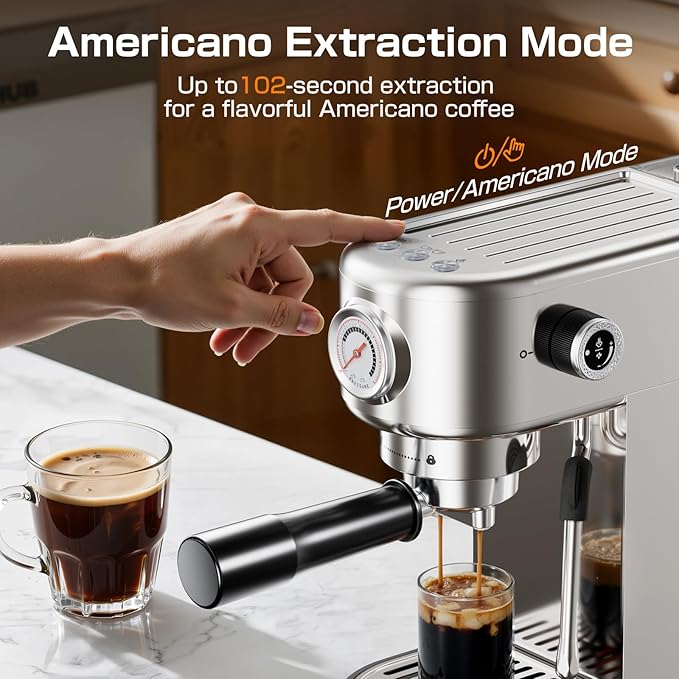 Espresso Machine, 20 Bar Compact Espresso Coffee Machine with Milk Frother, Stainless Steel Coffee Maker with 44oz Removable Water Tank & Fast Heat System for Cappuccino, Latte