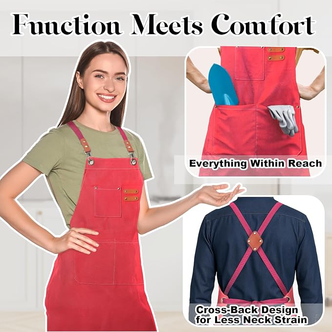 Chef Cotton Canvas Apron for Men Women with Pockets | Cross Back Design-Comfortable apron for cooking BBQ baking gardening kitchen barber woodworking grilling crafting - Image 2