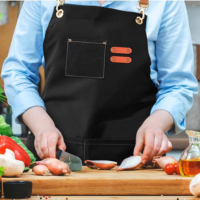 100% Cotton Canvas Apron | Unisex Cooking Apron for Men & Women with 3 Pockets & Adjustable Crossback Straps