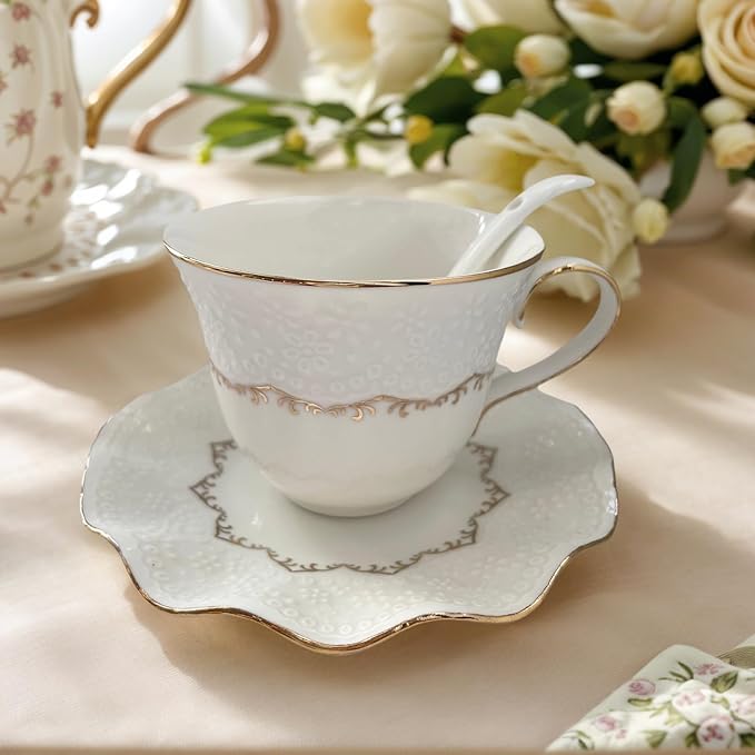 Tea Cup and Saucer Set for 1, Coffee Cup with Saucer and Spoon, Espresso Latte Cup for Women Gift, Dishwasher Safe, 6.8 Oz
