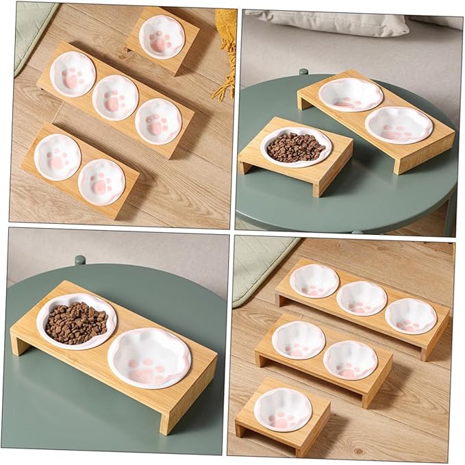 Bamboo Elevated Cat Bowl Ceramic Material Whisker-Friendly Bowl for Kitten Vomiting Relief