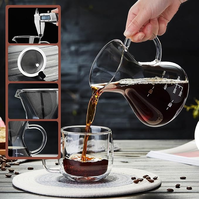 Unbreakable - Pour Over Coffee Maker with Double Stainless Filter 17oz, Thickened Heat-Resistant Borosilicate Glass Dripper Coffee Pour Over, Stovetop Safe