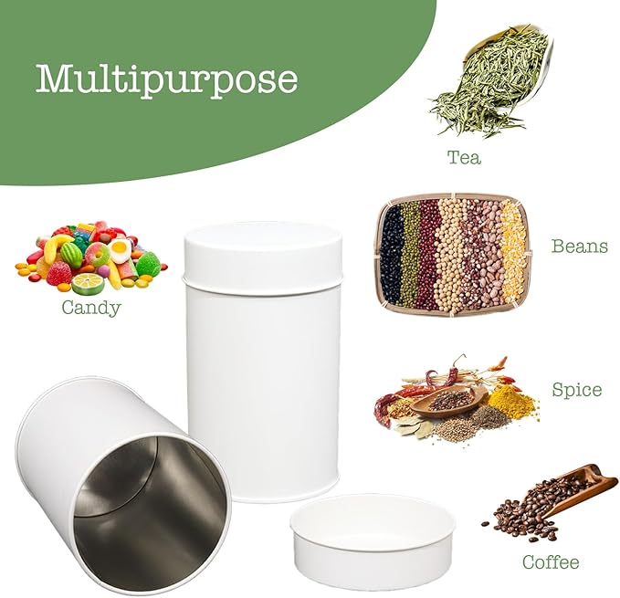 Tea Tin Canister, 6 Pack Round Metal Tea & Coffee Storage Tins with Double Seal Lid, 16 oz Loose Leaf Tea Container, Kitchen Canisters for Sugar, Herbs, Spices, Airtight, 4.7"x3" (White)