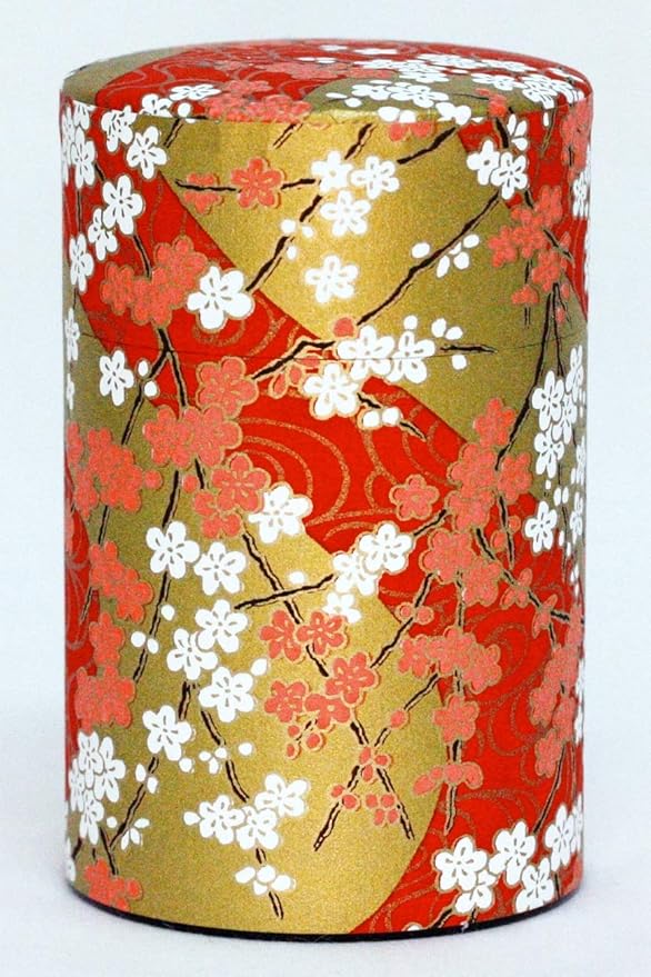Washi Paper Tea Tin Canister: Long 3.5oz (100g) Plum-Blossoms with Sunrise Glow (#48), Japan