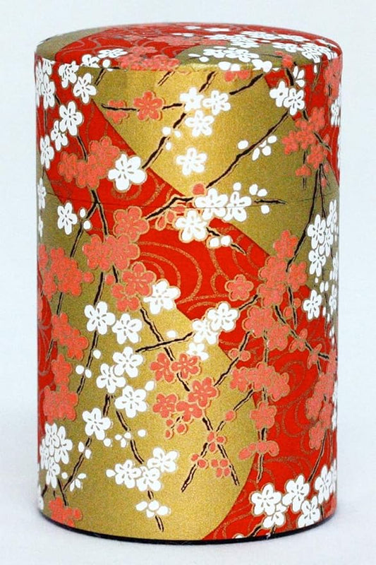 Washi Paper Tea Tin Canister: Long 3.5oz (100g) Plum-Blossoms with Sunrise Glow (#48), Japan