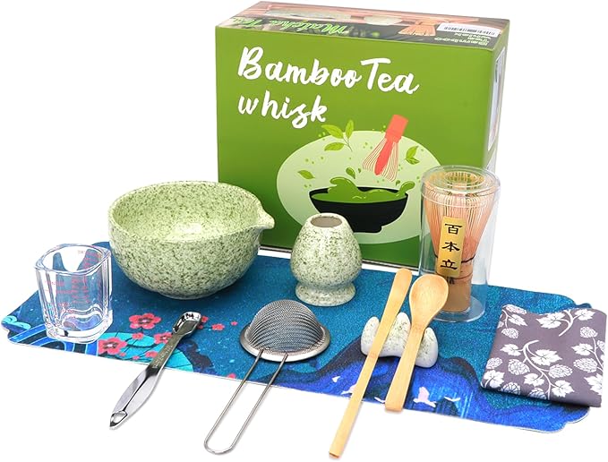 Matcha Whisk Set,11Pcs Japanese Matcha Kit with Ceramic Bowl & Whisk,Scoop, Sifter,Measuring Cup, Whisk Holder, Tea Cloth–Traditional Matcha Set for Gift Box,Making Latte for Friend,Family,Tea Lovers