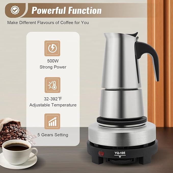 Espresso Machine, 4 Cups Stovetop Moka Pot, 200ml Portable Espresso Coffee Maker, Stainless Steel Coffee Pot with Electric Stove, Stainless Steel Italian Coffee Machine Maker
