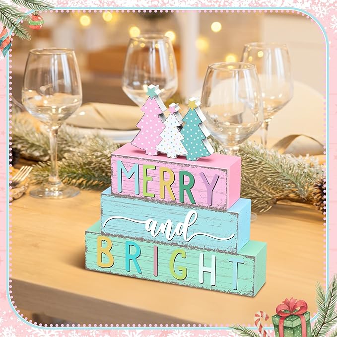 Geelin 4 Pcs Christmas Tree Table Sign Pastel Candy Color Wooden Decorations Xmas Tree Tiered Tray Decor Christmas Centerpieces Pastel Wooden Block Set Xmas Table Sign for Home