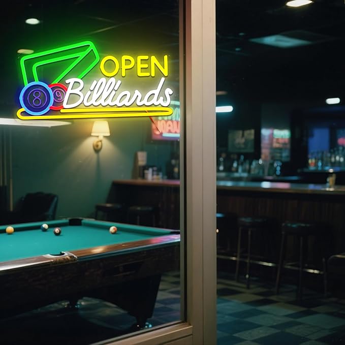 Billiards Neon Open Sign for Wall Decor Dimmable 16.54" x 8.78" Led Sign for Pool Room USB Powered Neon Light for Business Game Room Billiard Club Bar Pub Party Man Cave Decoration