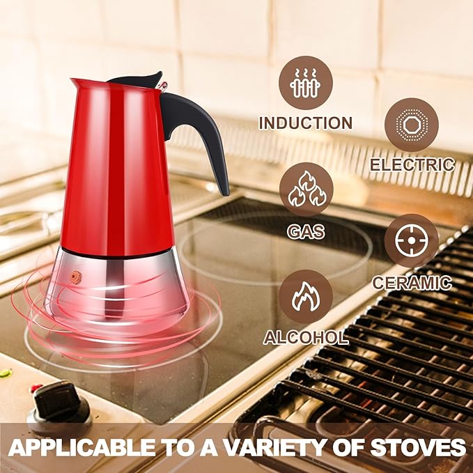 6 Cup Stovetop Espresso Maker Stainless Steel Moka Pot Stove Top Percolator Italian Coffee Makers Capable Mocha Greca Machine Cafe Classic Induction Cookers for Home and Camping 300ml 10oz