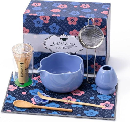 Matcha Set, 8Pcs Floral Ceramic Matcha Kit with Matcha Whisk, Holder, Scoop, Scoop Rest, Sifter, Spoon and Tea Towel - Thoughtful Matcha Whisk Set Gift for Matcha Lovers (Blue)