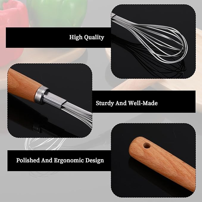 3 PCS Whisks for Cooking Stainless, Whisk Wooden Handle Stainless Steel, Non Stick Balloon Whisk Kitchen Hand Whisk for Stirring, Whisking, Beating, Egg, Blending, Batter (8.07"L X 1.57"W)
