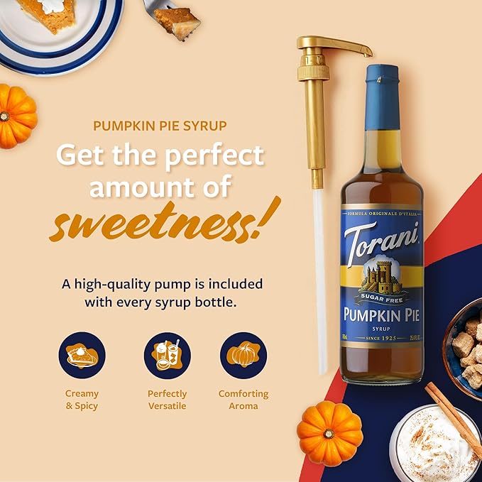 Torani Sugar Free Coffee Syrup, Pumpkin Pie Flavored Syrup for Drinks, Zero Calorie, Glass Bottle with Pump Included, 25.4 Fl Oz
