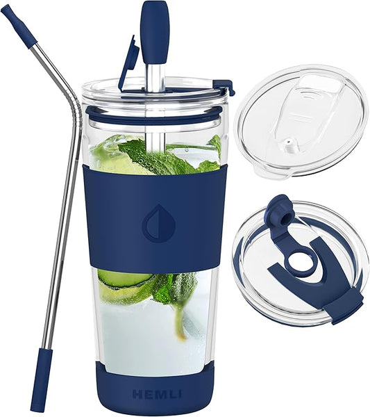 19 oz. Double Wall Glass Coffee Tumbler, To Go Travel Mug with Lid, Portable Glass Thermos with Straw, Reusable Cup, Tea, Smoothies, Ice Coffee, and Boba