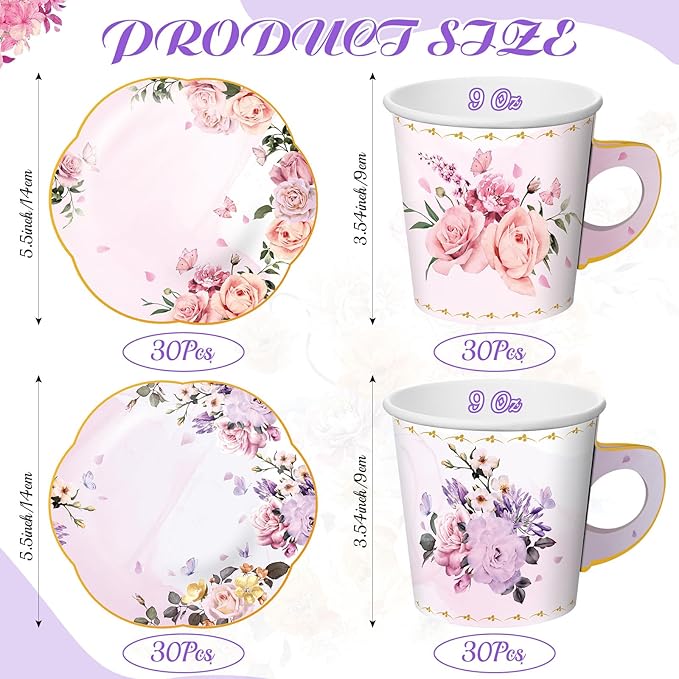 Umigy 60 Set Tea Party Supplies Disposable Floral Paper Tea Cups with Handle and Plates Elegant Blossom Teacups and Saucers Sets with Tape for Hot Cold Drink Party(9 oz)