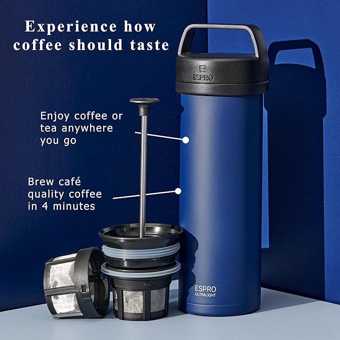 ESPRO P0 Ultralight French Press Coffee Maker for Travel, Vacuum Insulated Stainless Steel, 16 Ounces, Aegean Blue